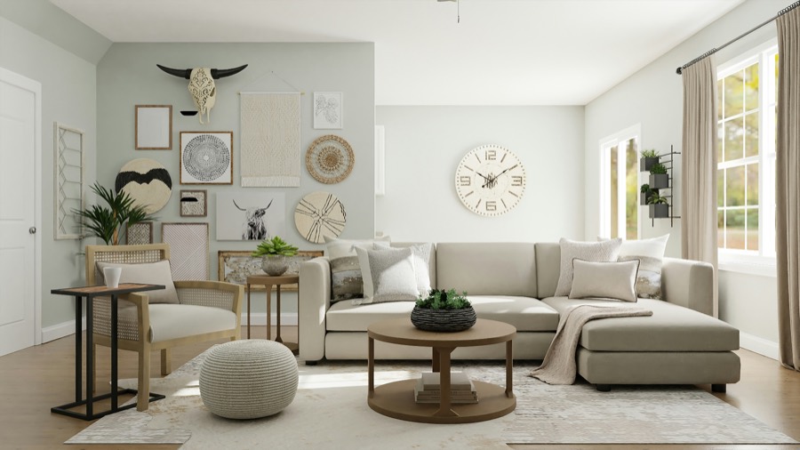 Salon cocooning avec mur de décoration et canapé beige